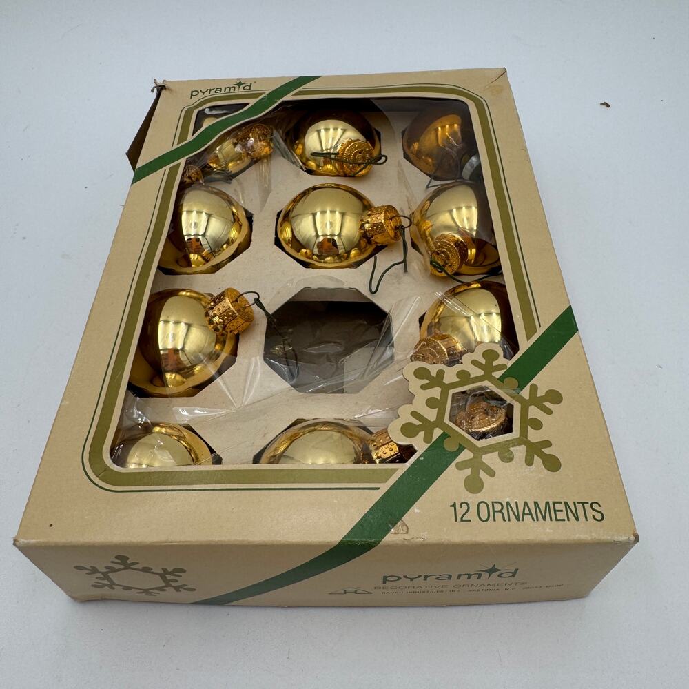 Vintage Rauch Pyramid Christmas Tree Ornaments Box of 11 Gold Shiney